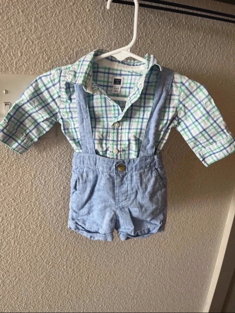 Janie and Jack Green & Blue Plaid Shirt with Light Blue Suspender Shorts